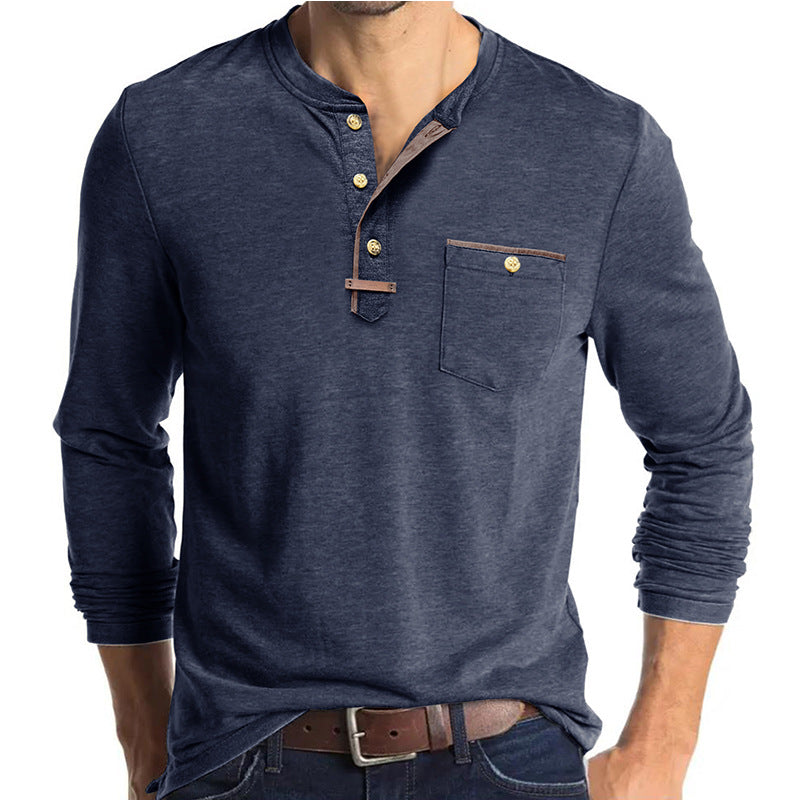 Herren Langarm-Henley-Shirt mit modischen Knöpfen und Brusttasche Echoarchiv