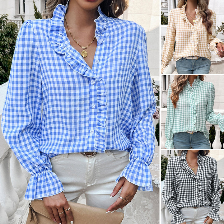 Damen Karierte Bluse mit Rüschendetails und Knopfleiste Echoarchiv