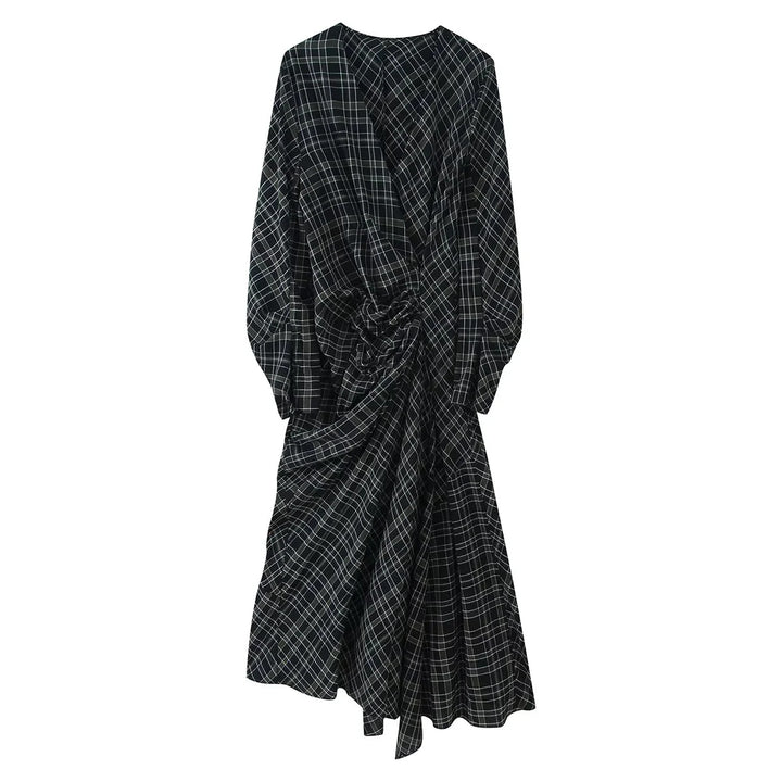 Damen asymmetrisches Midikleid mit Knoten-Drapierung und Balloon-Ärmeln – Élara