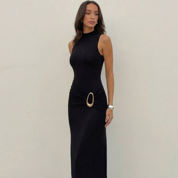 Damen Elegantes Maxikleid mit Raffungen und glänzendem Gürtel Echo Archiv