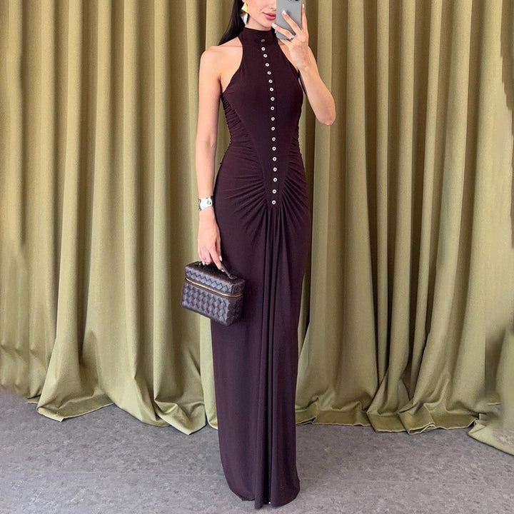 Damen Elegantes, figurbetontes Maxikleid mit hochgeschlossenem Ausschnitt und Knopfdetails Echo Archiv