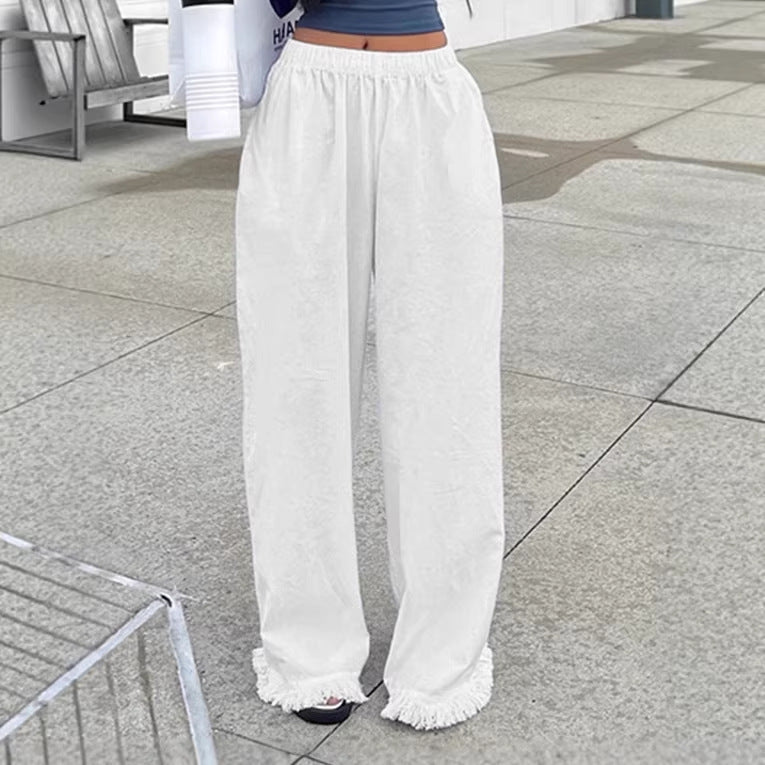 Damen Weite Straight‑Leg‑Hose mit elastischem Bund und Fransensaum Echo Archiv