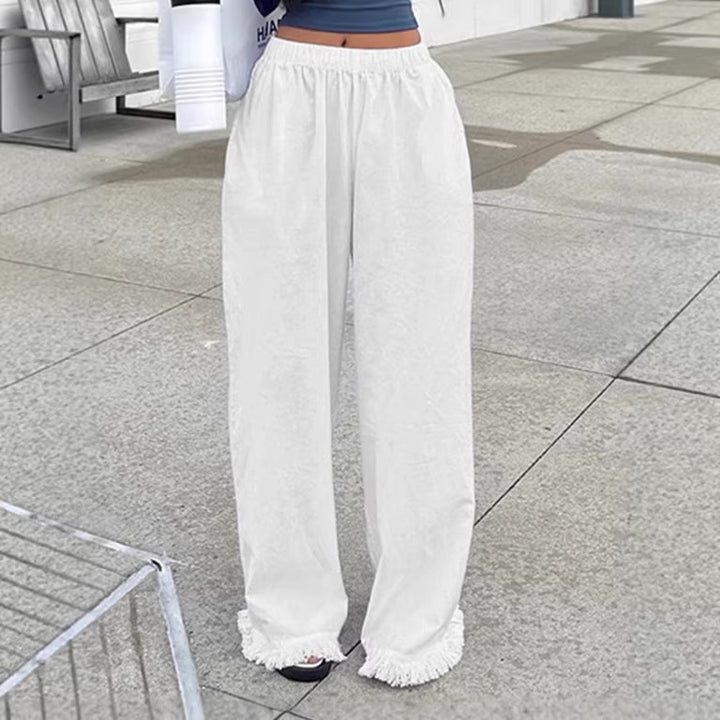 Damen Weite Straight‑Leg‑Hose mit elastischem Bund und Fransensaum Echo Archiv