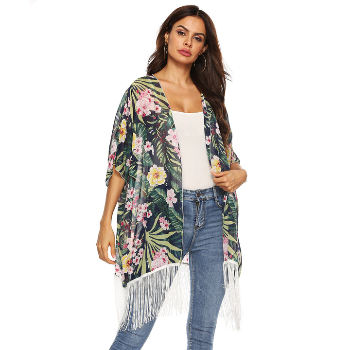 Damen Kimono mit floralem Design und Fransen Echo Archiv