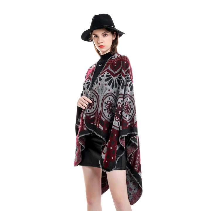 Damen Wollmix-Umhangponcho mit ornamentaler Jacquardstruktur und offenem Fall – Montévia