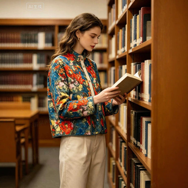 Damen Gepolsterte Steppjacke mit floralem Print, Stehkragen und Pattentaschen Echoarchiv