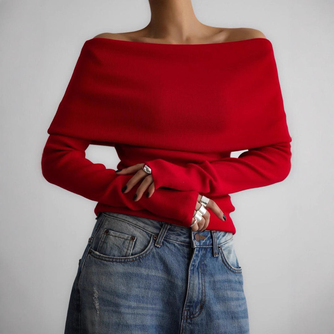 Damen schulterfreier Feinstrick-Pullover mit umlegbarem Carmenkragen Echo Archiv