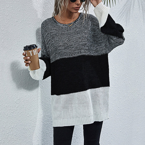 Damen Oversize Strickpullover mit Colorblock‑Einsätzen, Rundhals und Tunika‑Silhouette Echoarchiv