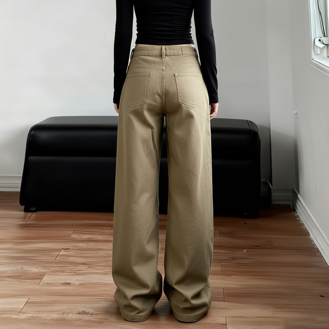 Damen Weite High‑Waist Schlaghose mit verstellbaren Knopfmanschetten und Knieabnähern – Avélisse