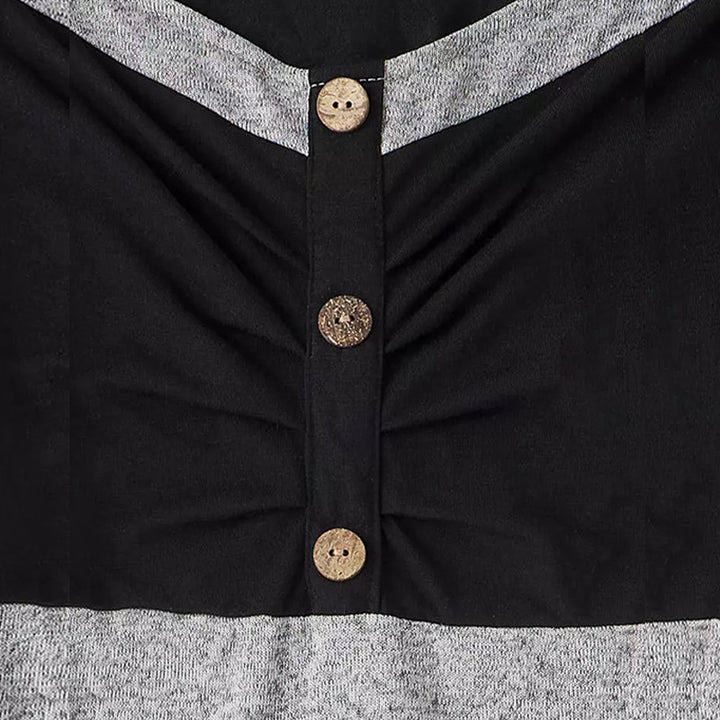 Damen Figurbetontes zweifarbiges Langarmshirt mit V-Ausschnitt, geraffter Brustpartie und Zierknöpfen – Avérine