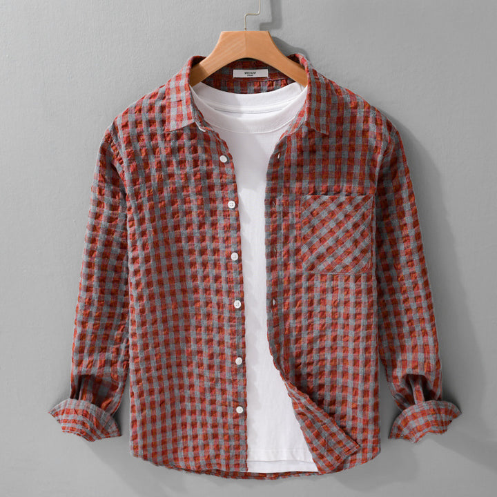 Herren Leichtes Crinkle-Karo-Overshirt aus Baumwollmix mit aufgesetzter Brusttasche Echoarchiv