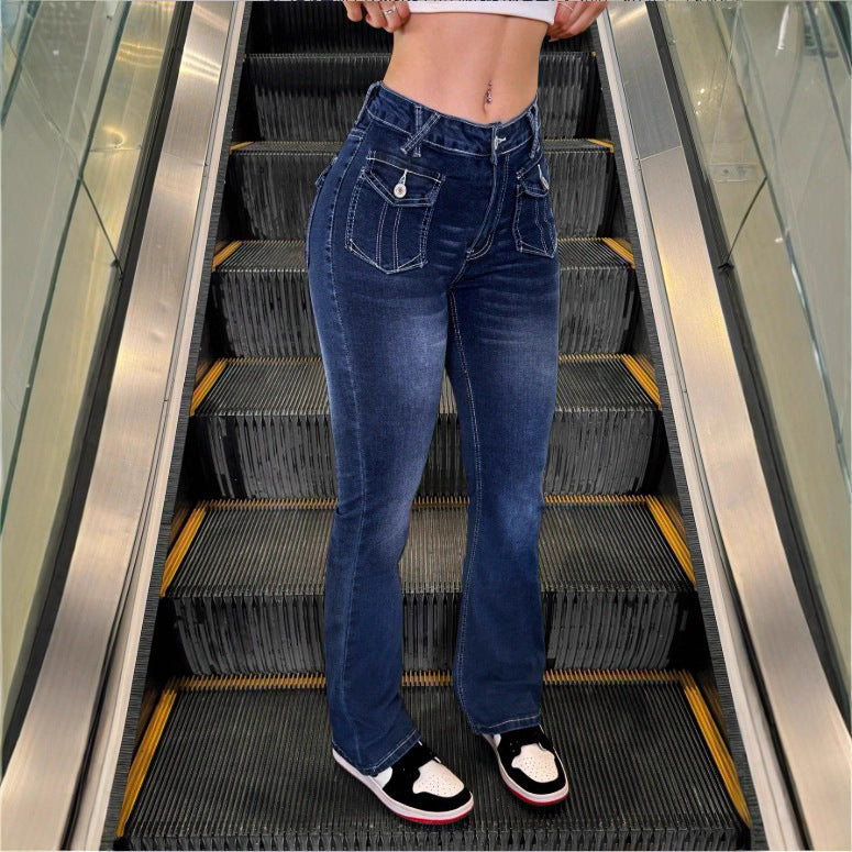 Damen Hochtaillierte Stretch-Jeans mit leichtem Flare und dekorativen Taschen Echo Archiv