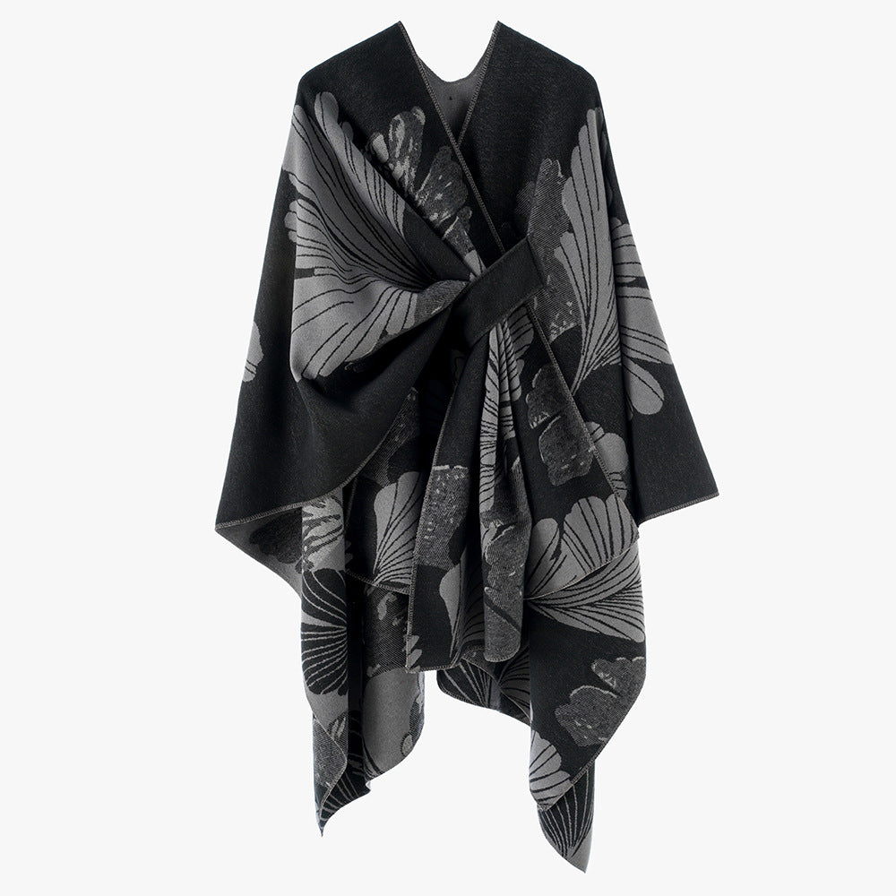 Damen Wickelponcho aus Jacquard mit floralem Muster und Taillengürtel – Avérine