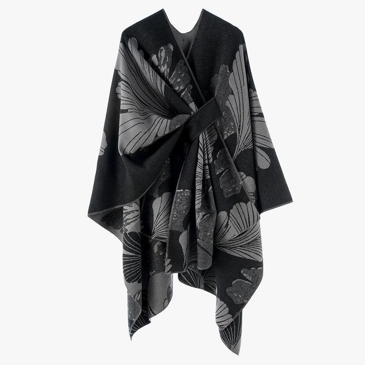 Damen Wickelponcho aus Jacquard mit floralem Muster und Taillengürtel – Avérine