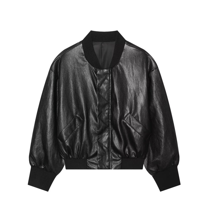 Damen Oversized Lederimitat-Bomberjacke mit Rippbündchen und aufgesetzten Taschen Echo Archiv