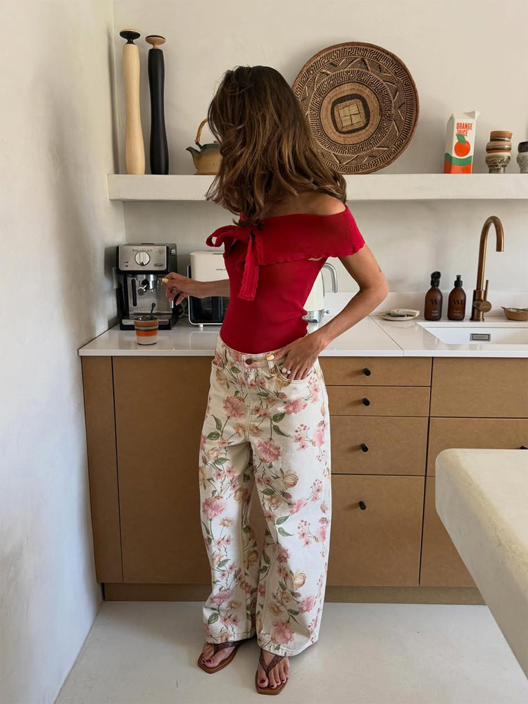 Damen Zweiteiliges Blumen-Print Co-Ord-Set mit Oversize-Blouson und High-Waist-Hose Echoarchiv