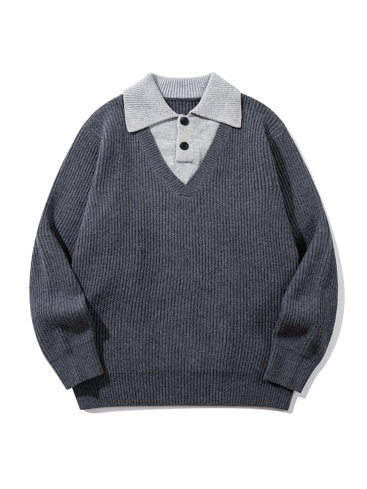 Herren Gerippter Strickpullover mit Polokragen‑Einsatz und tiefem V‑Ausschnitt Echoarchiv