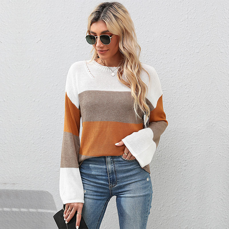 Damen Oversize Farbblock Strickpullover mit Rundhalsausschnitt und langen Ärmeln Echoarchiv