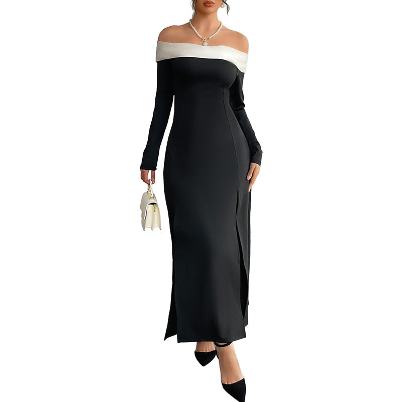 Damen Schulterfreies Maxikleid mit langen Ärmeln, hohen Seitenschlitzen und Umschlagkragen Echoarchiv