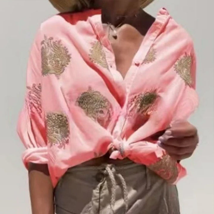 Damen Boho Leinen Bluse mit Perlenstickerei und Knotenband Echoarchiv