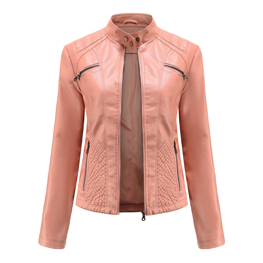 Damen nan taillierte Bikerjacke aus Kunstleder mit Stepppaneelen und Stehkragen Echo Archiv