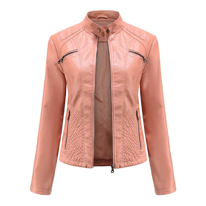 Damen nan taillierte Bikerjacke aus Kunstleder mit Stepppaneelen und Stehkragen Echo Archiv
