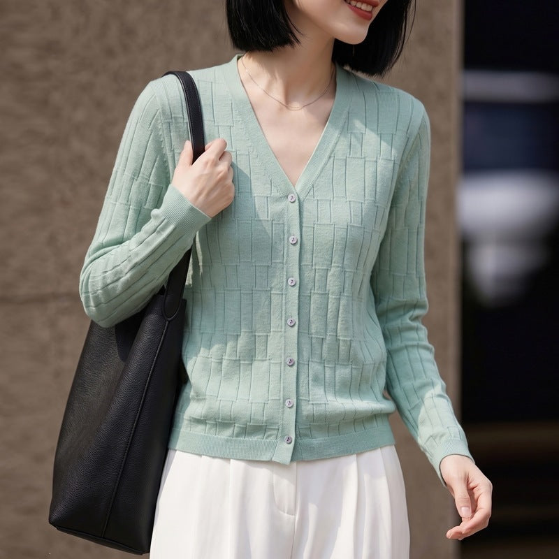 Damen V‑Ausschnitt-Feinstrickcardigan mit strukturierter Blockoptik und durchgehender Knopfleiste Echoarchiv