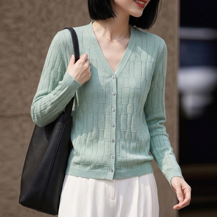Damen V‑Ausschnitt-Feinstrickcardigan mit strukturierter Blockoptik und durchgehender Knopfleiste Echoarchiv