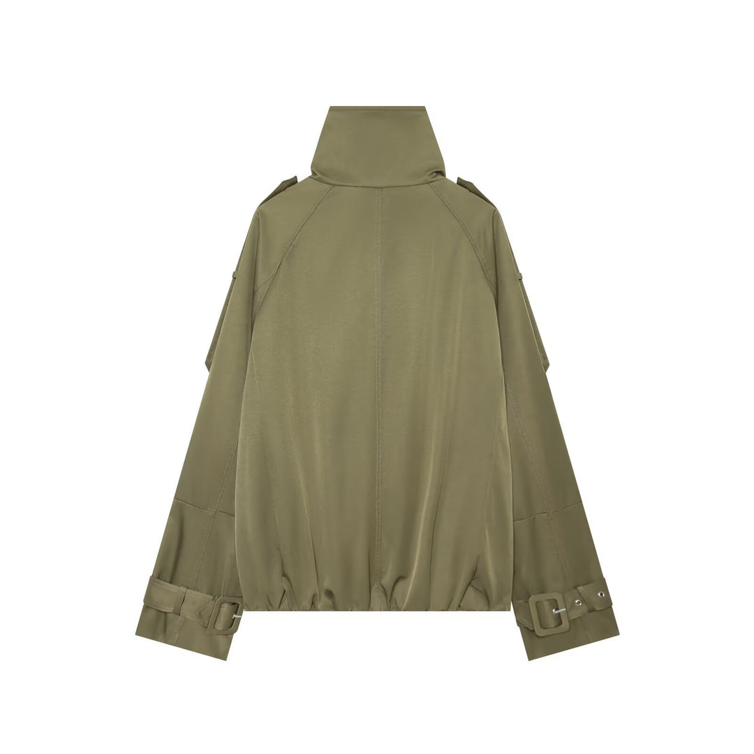 Damen Kurzes Doppelreiher‑Cape‑Trench mit hohem Funnelkragen und Ärmelriemen Echoarchiv