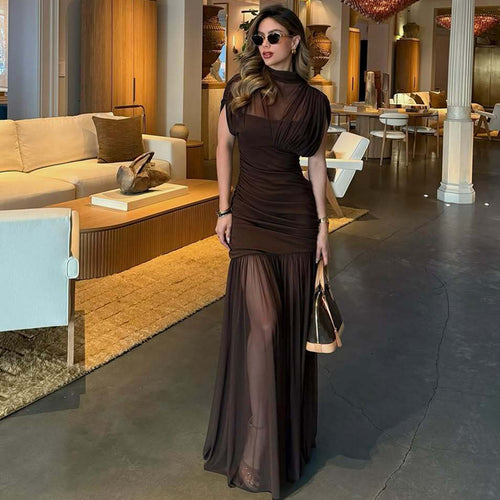 Damen Maxi-Kleid mit transparenten Puffärmeln und elegantem Raffungseffekt Echo Archiv