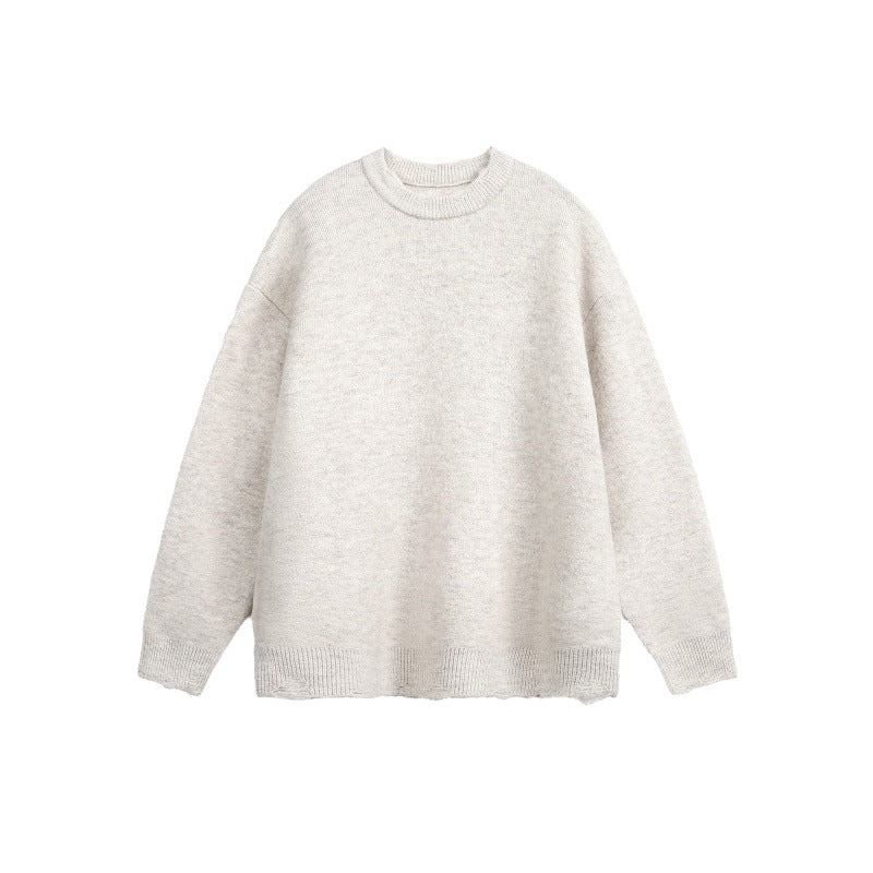 Unisex Oversize Grobstrickpullover mit Rundhalsausschnitt und ausgefranstem Saum Echoarchiv
