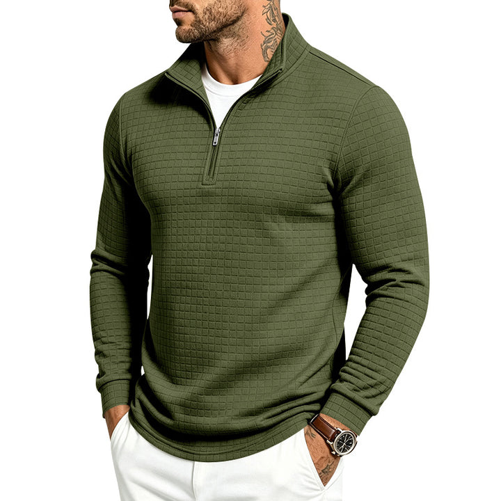 Herren Slim-Fit Pullover mit halbem Reißverschluss und geprägter Quadratstruktur Echoarchiv