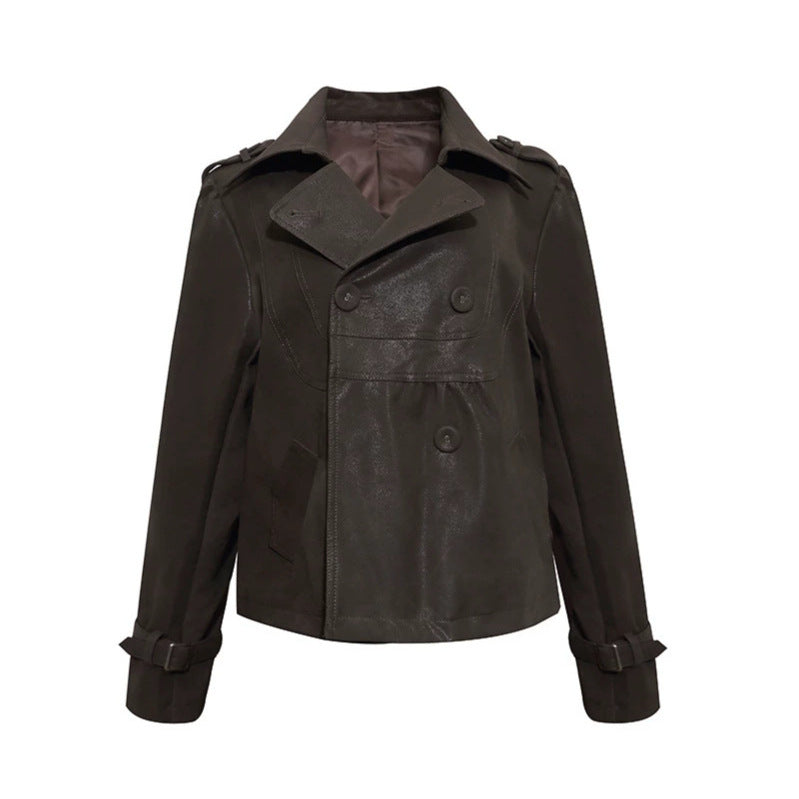 Damen Cropped Doppelreihige Lederjacke im Trenchstil mit Schulterklappen Echoarchiv