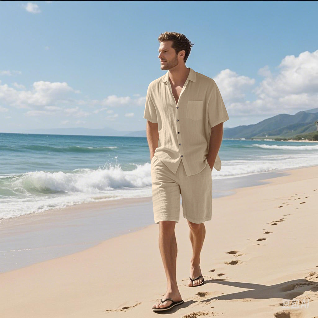 Herren lässiges Strand-Outfit mit luftiger Kurzarmbluse und dazu passender Shorts Echoarchiv