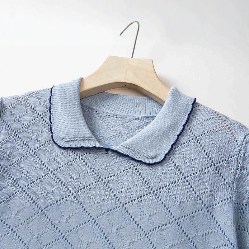 Damen Kurzarm-Feinstrickpullover mit Peter-Pan-Kragen, Ajour-Diamantmuster und feiner Kontrastkante Echo Archiv