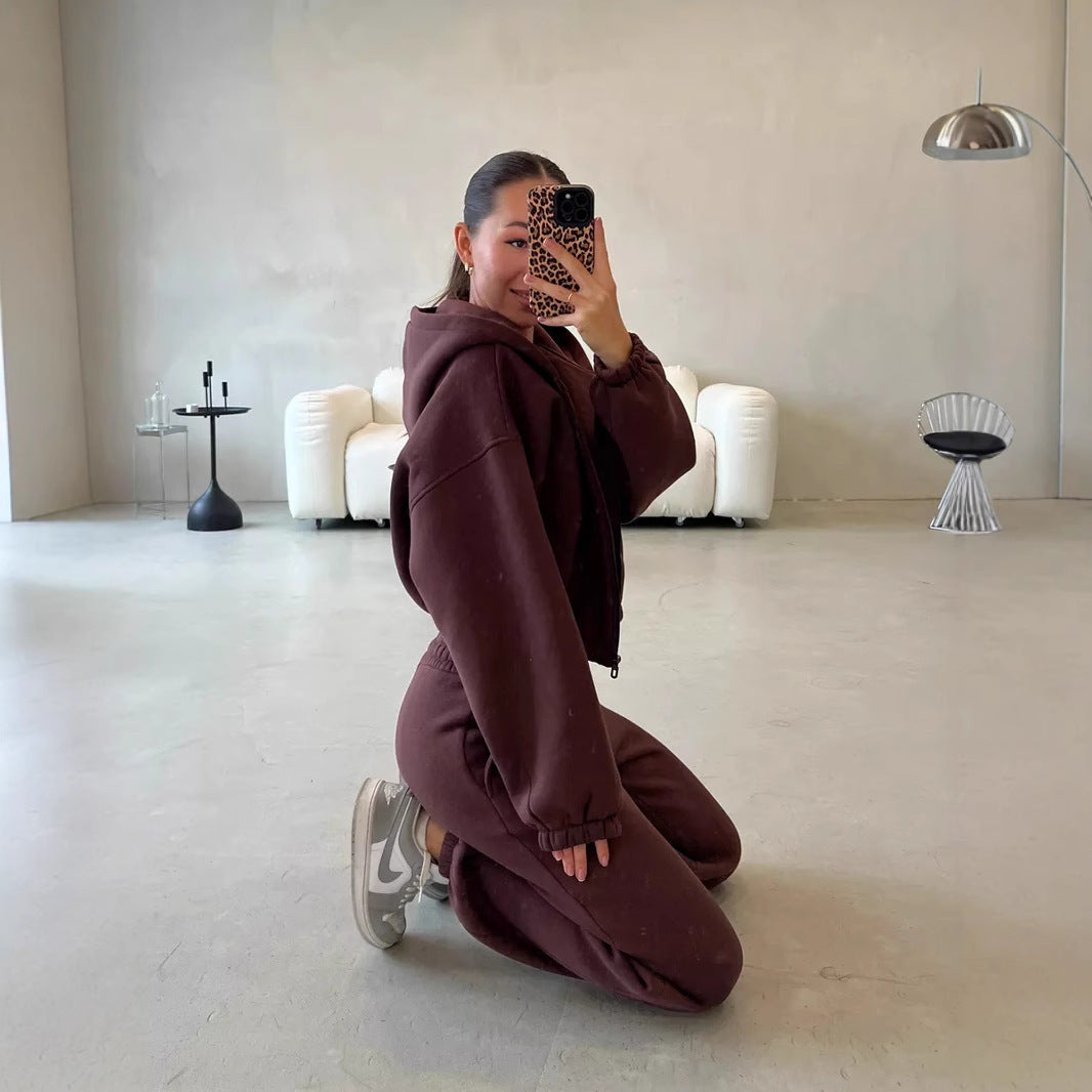 Damen Lounge-Set Cropped-Zip-Hoodie mit Oversize-Ärmeln und High-Waist Palazzo-Jogger – Élanora