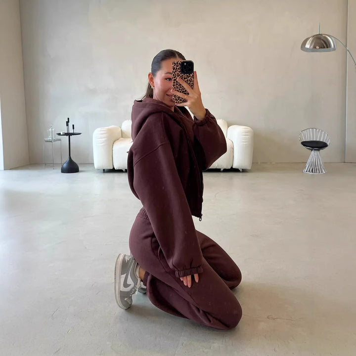 Damen Lounge-Set Cropped-Zip-Hoodie mit Oversize-Ärmeln und High-Waist Palazzo-Jogger – Élanora