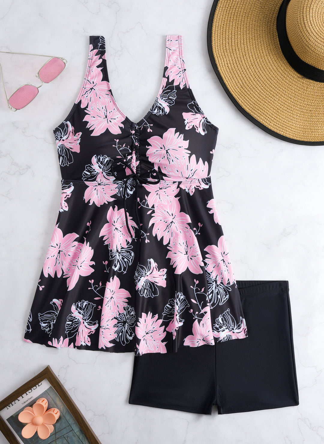 Damen Tankini-Set mit modischem Volant und grafischem Pfauenmuster Echo Archiv