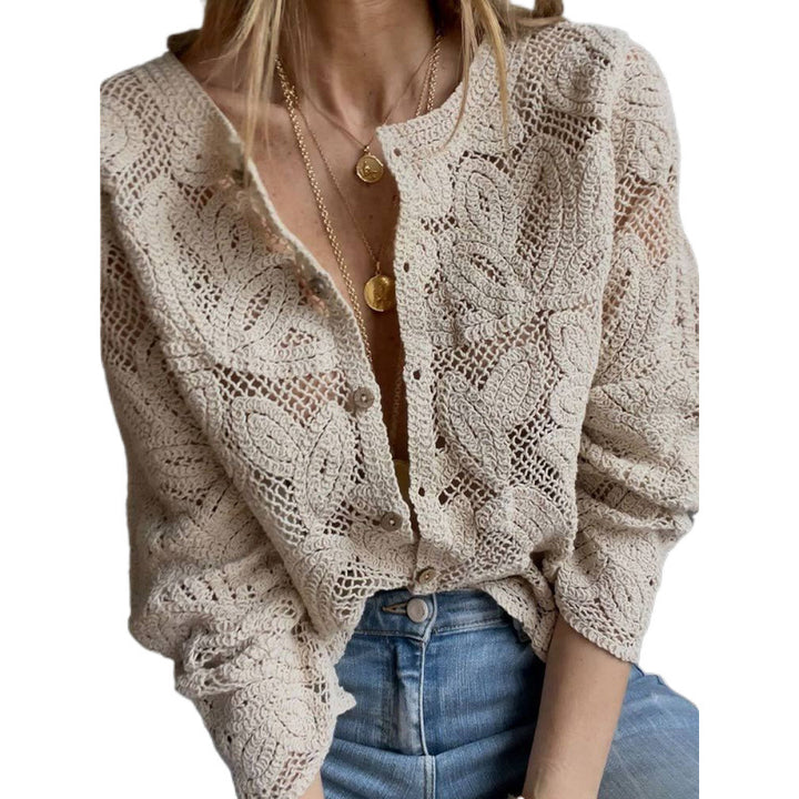 Damen Häkel-Cardigan mit Blumen‑Ajourmuster, Knopfleiste & gewelltem Saum Echoarchiv