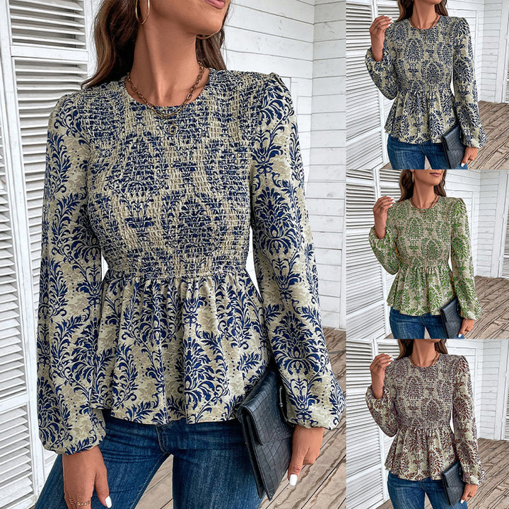 Damen Smock-Bluse mit Raffung, Ballonärmeln und Ornament-Print Echoarchiv