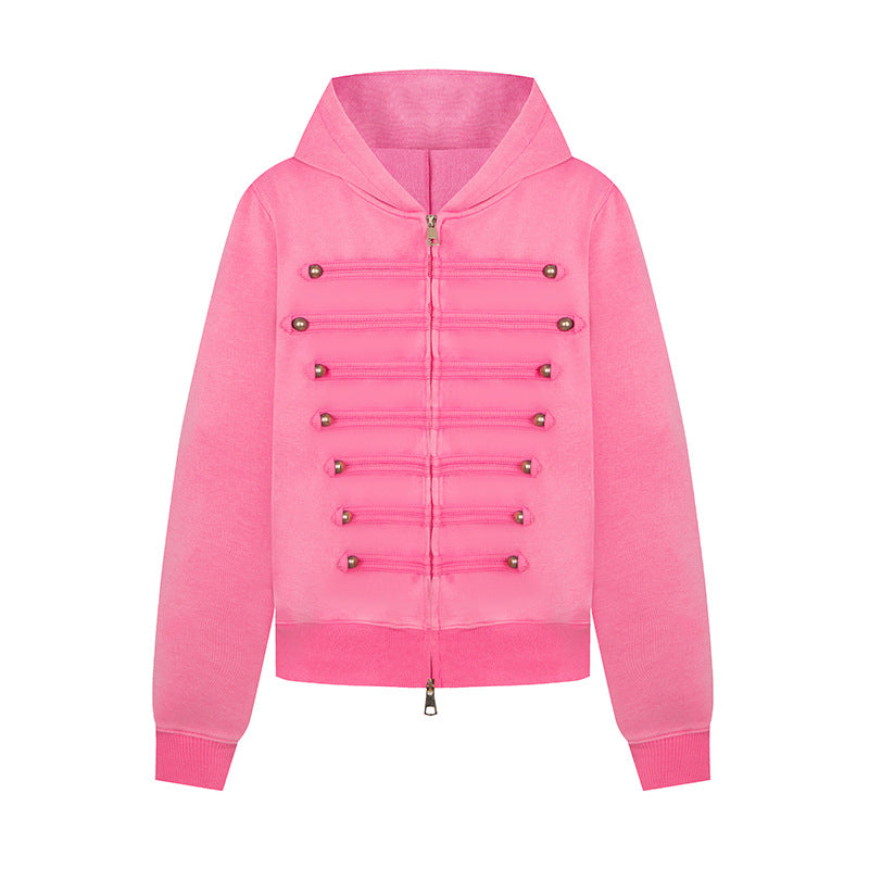 Damen Kapuzen-Sweatjacke im Military-Style mit Zierkordeln und Metallknöpfen Echoarchiv