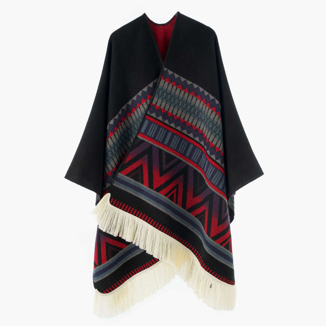Damen Jacquard‑Ruana mit Fransen und folklorem Muster – Avérine