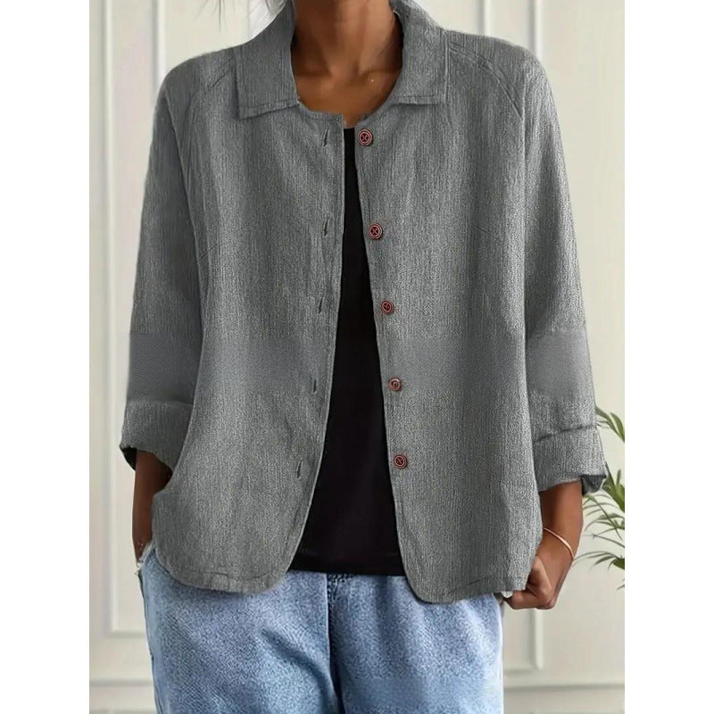 Damen Leichte Leinenoptik-Bluse mit lockerer Passform, 3/4-Ärmeln und Knopfleiste – Élovi