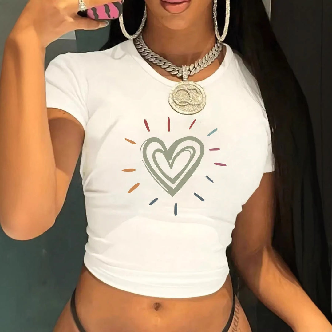 Damen Crop-T-Shirt mit kreativem Herzmotiv und moderner Passform Echo Archiv