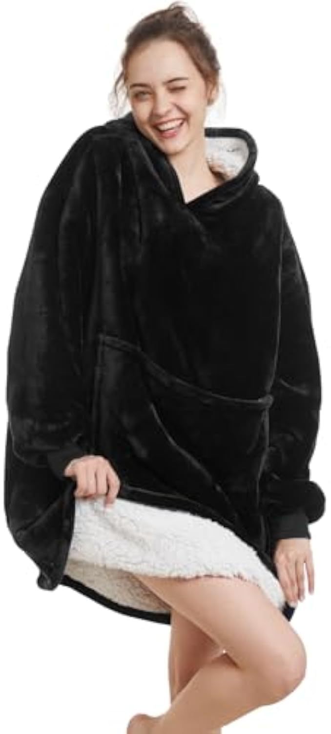 Damen Oversize Kapuzen-Kuscheldecke aus Mikrofaser mit Sherpa-Futter – Avelisse