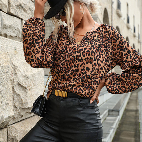 Damen Leopardenprint-Bluse mit V‑Ausschnitt, Ballonärmeln und lockerem Fall Echoarchiv