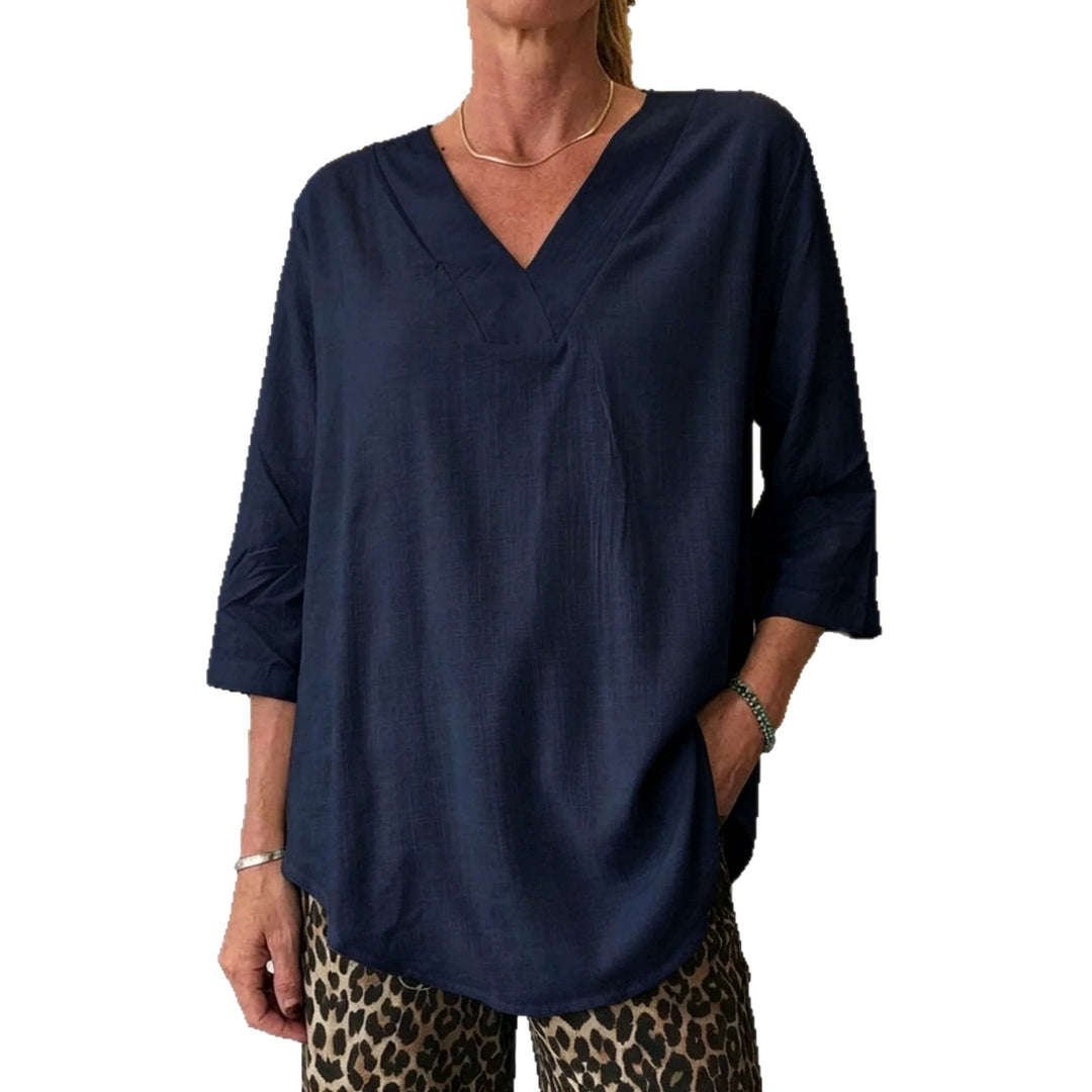 Damen Leichte Oversize V-Ausschnitt Tunika in Leinenoptik mit dreiviertel Ärmeln und abgerundetem Saum – Avérine