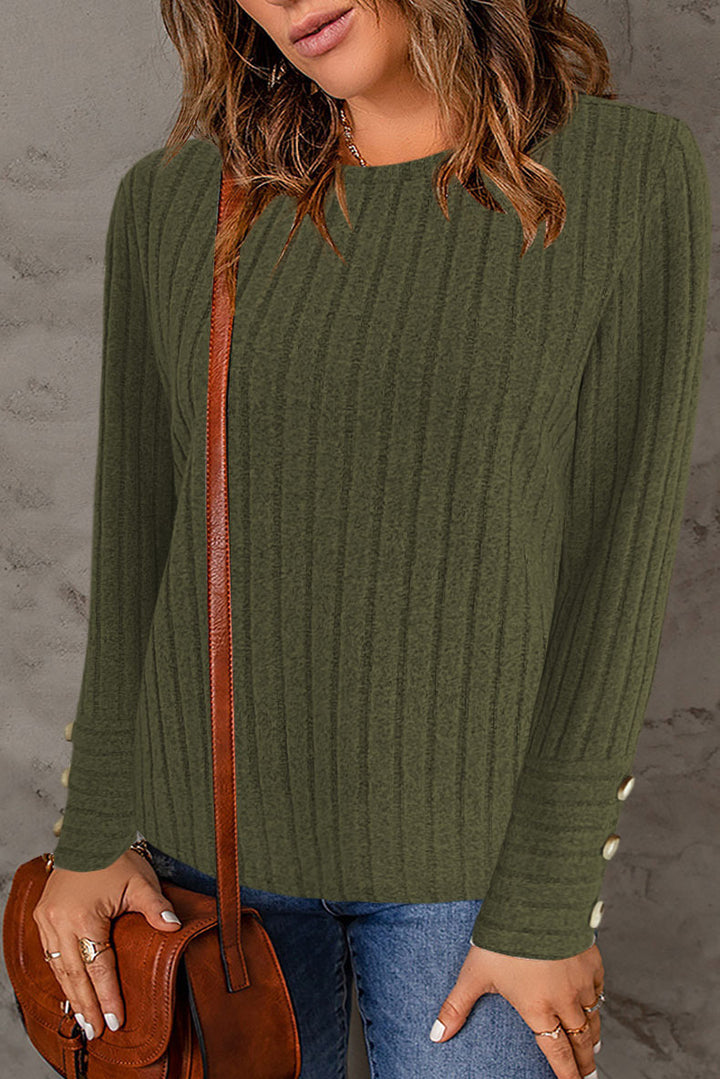 Damen Gerippter Feinstrick-Pullover mit Rundhals und Perlmuttknopf‑Manschetten Echoarchiv