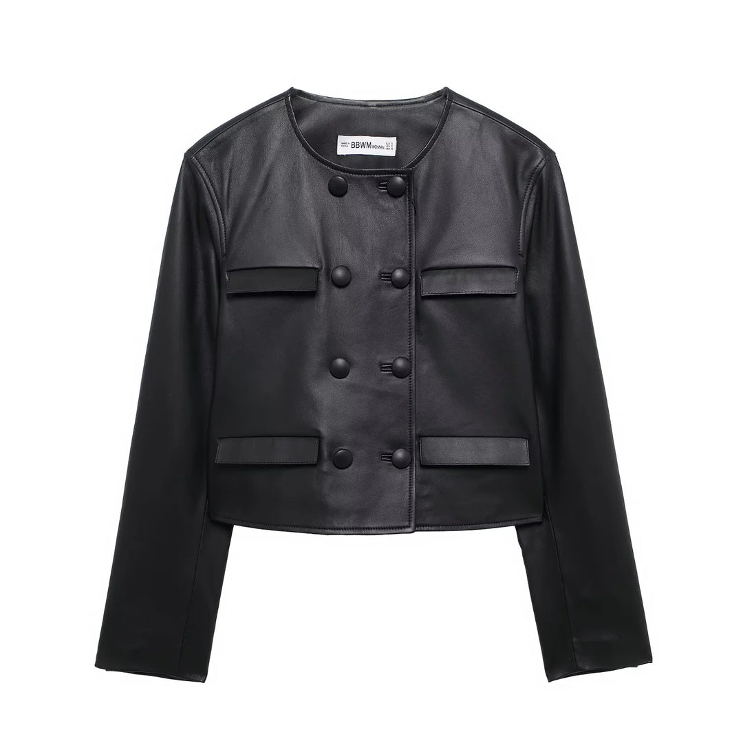 Damen nan kurz geschnittene Double‑Breasted Lederimitat Jacke mit Pattentaschen Echo Archiv