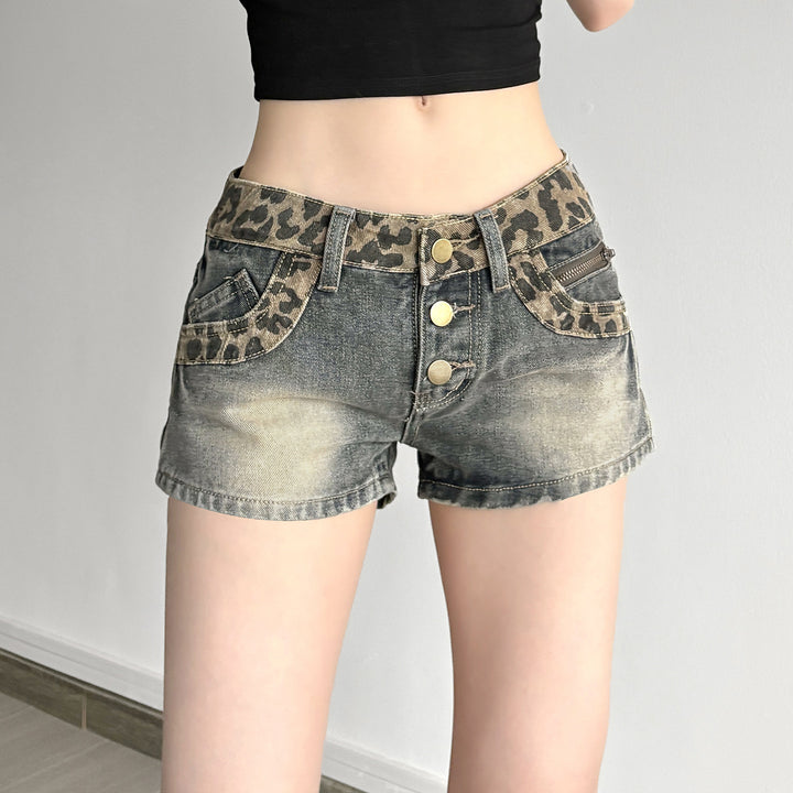 Damen Kurze Jeansshorts mit Leopardenmuster und gerafftem Bund Echo Archiv